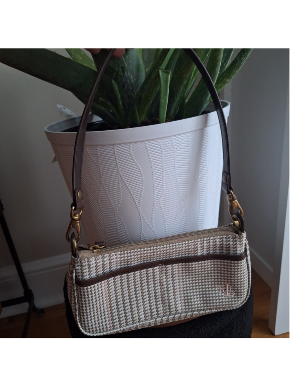VTG RALPH LAUREN Mini Bag Baguette Pink & Brown Houndstooth Embroidered Logo